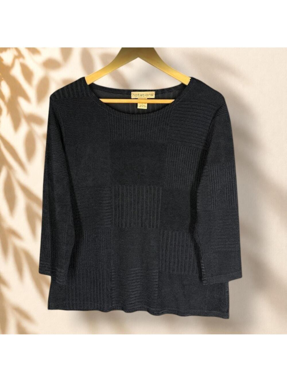 Notations Blouse Women L Large Black Ribbed 3/4 Sleeve Round Neck Casual Solid